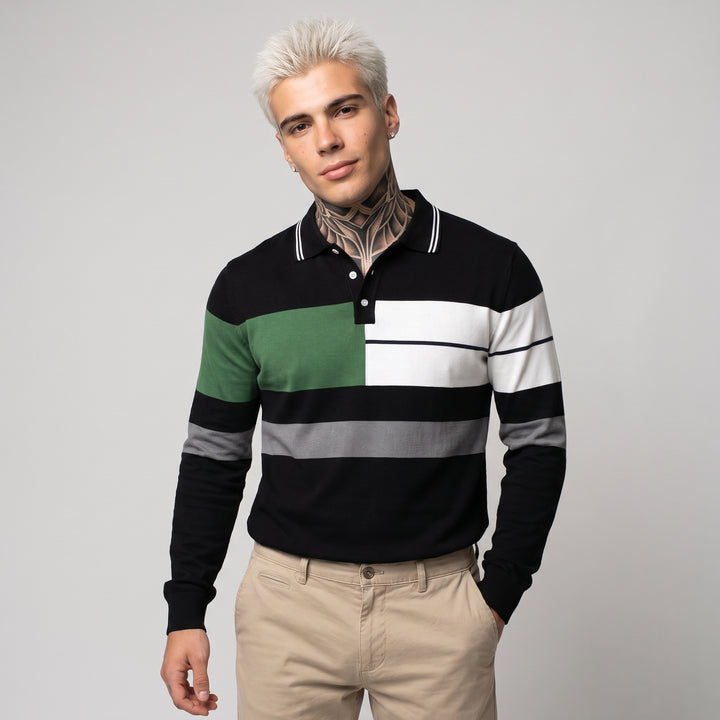 Dama Washington Ezra men's striped color block polo shirt black green white - model front view