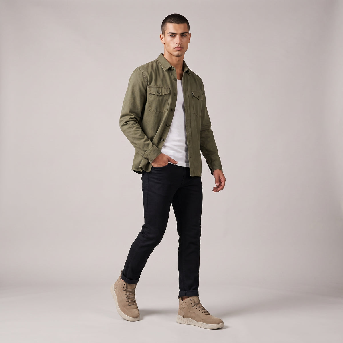 Dama Washington Axel men's suede high top sneaker beige cream sole - full outfit model view
