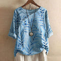 Dama Washington Demi women's floral linen blouse light blue three quarter sleeve - front view