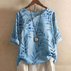 Dama Washington Demi women's floral linen blouse light blue three quarter sleeve - front view