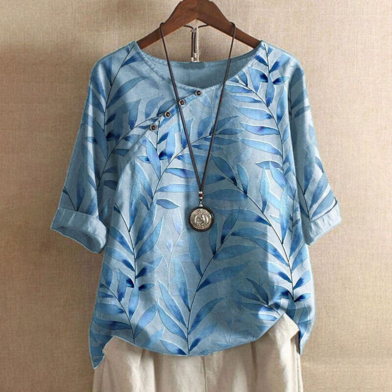 Demi | Women's Floral Linen Blouse Light Blue Three Quarter Sleeve