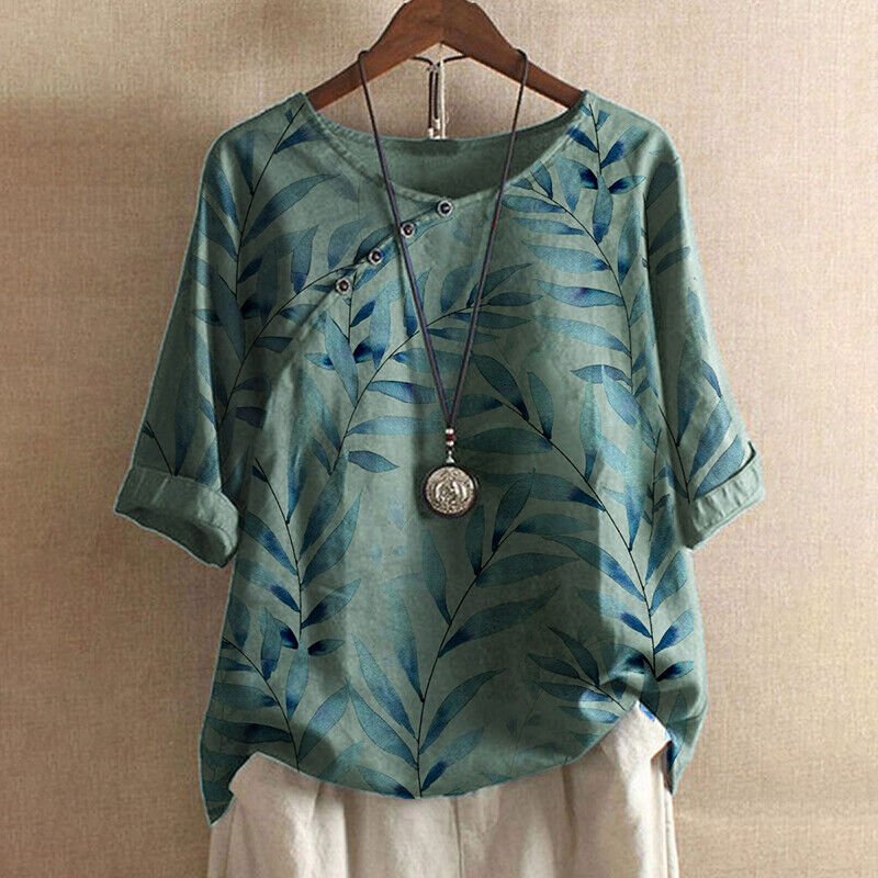 Demi | Women's Floral Linen Blouse Light Blue Three Quarter Sleeve
