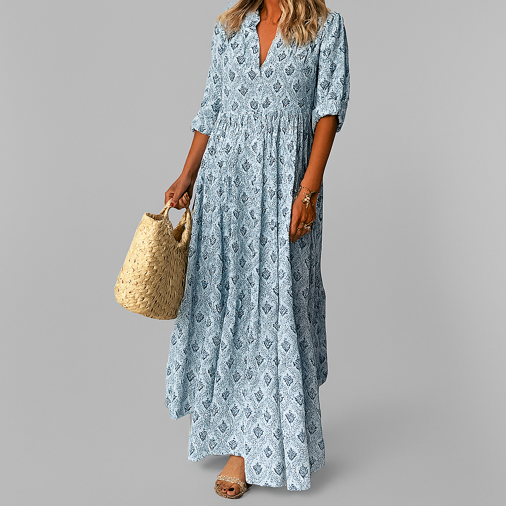 Ayla | Women's Boho Floral Maxi Dress Cream Three Quarter Sleeve