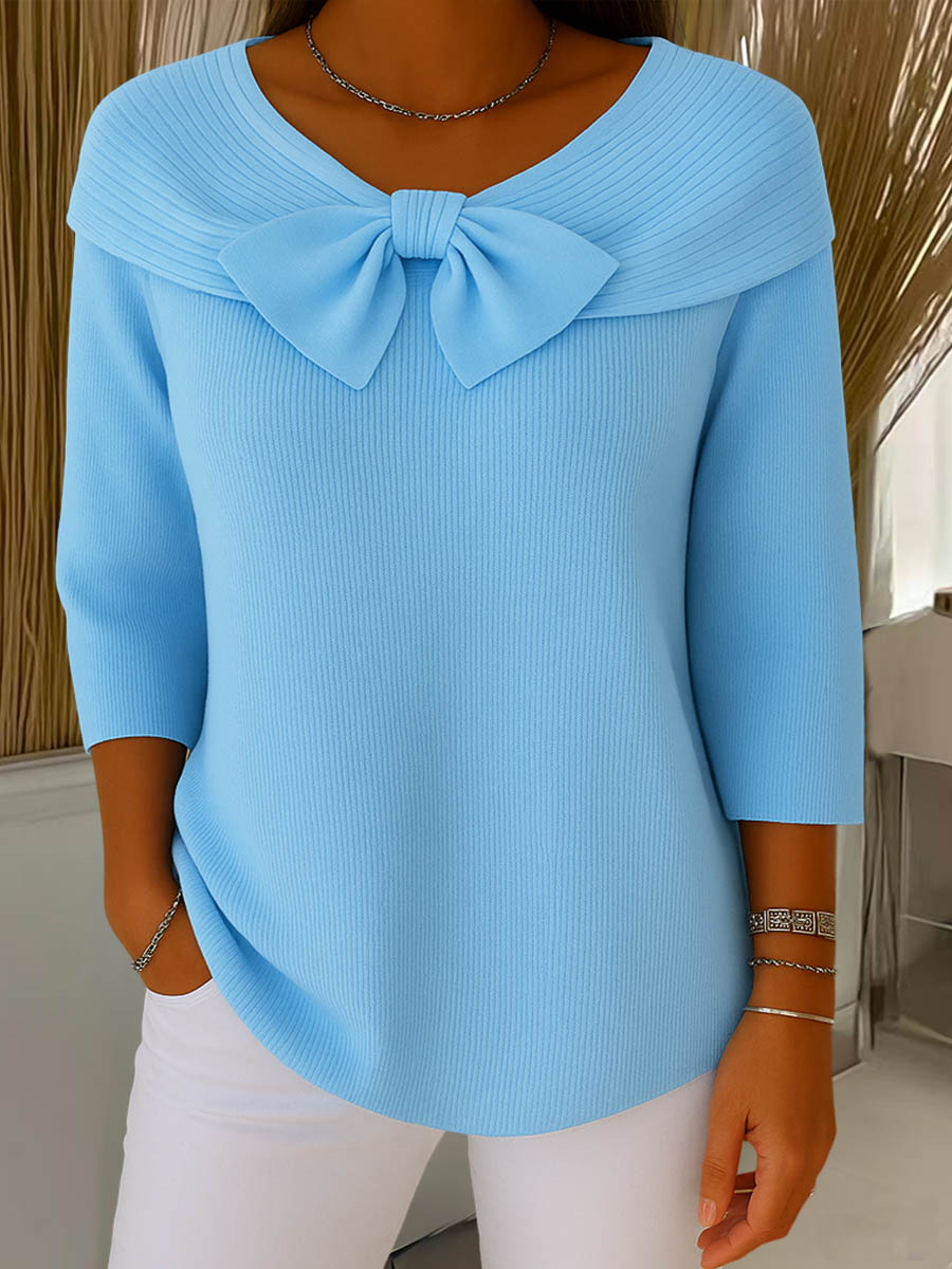 Cora | Women's Ribbed Bow Neck Top Light Blue
