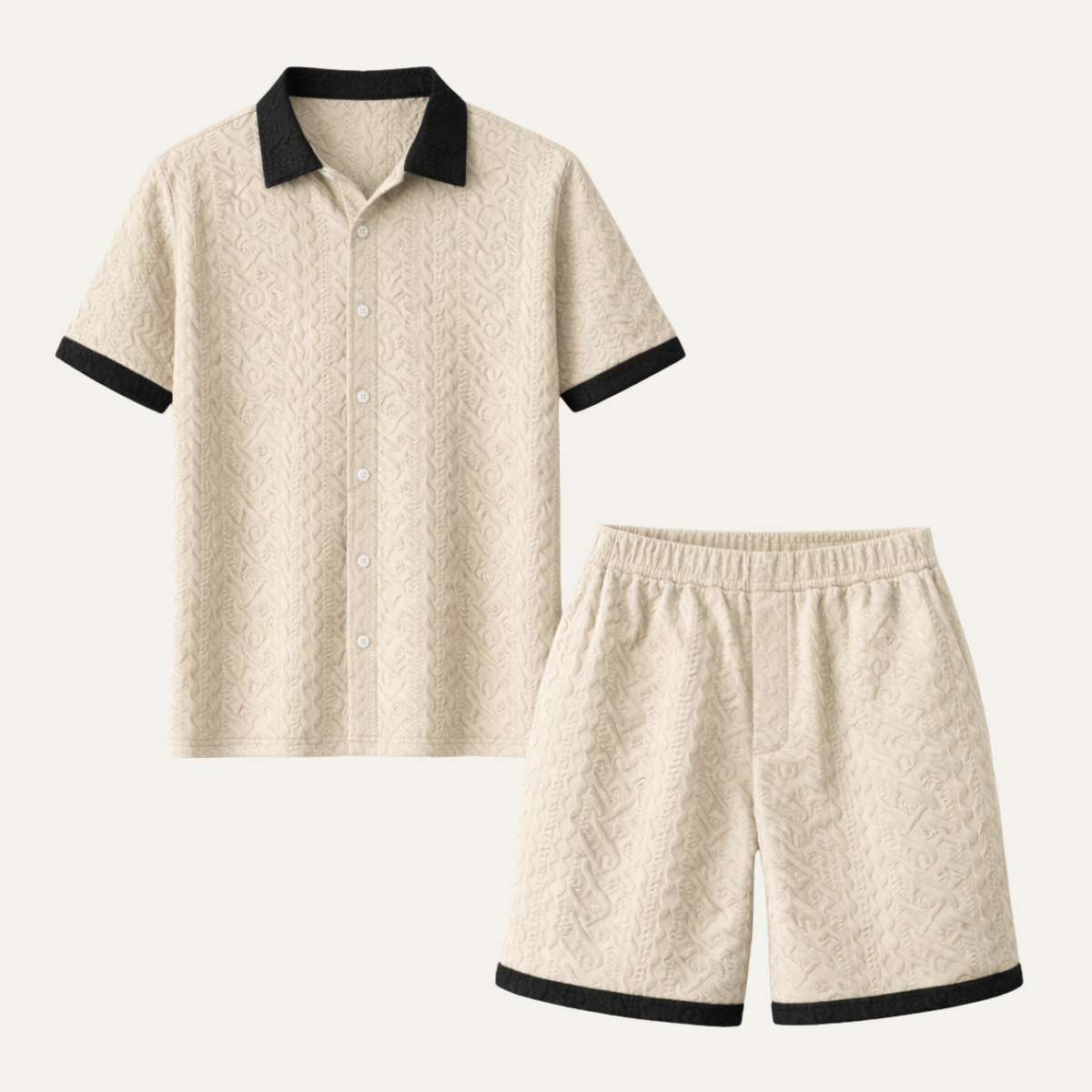 Kael | Men's Lounge Set Cream Textured Short Sleeve Button Up