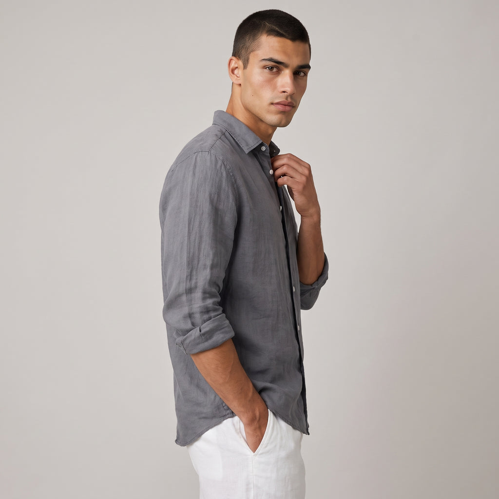 Dama Washington Jet men's linen shirt gray long sleeve button up - model front view