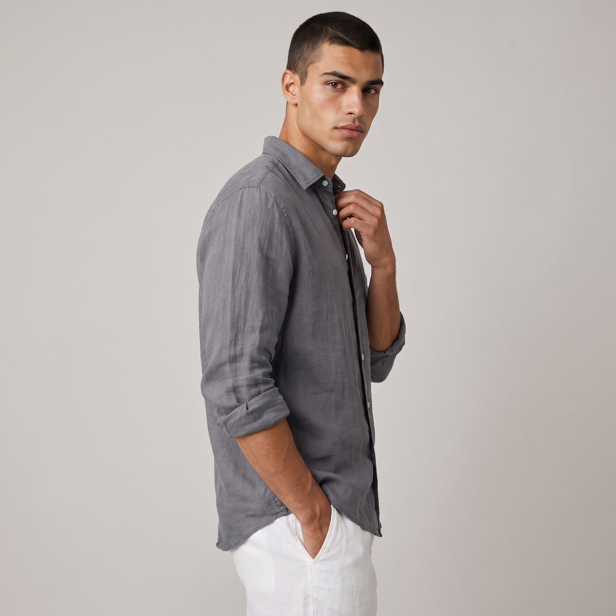 Dama Washington Jet men's linen shirt gray long sleeve button up - model front view