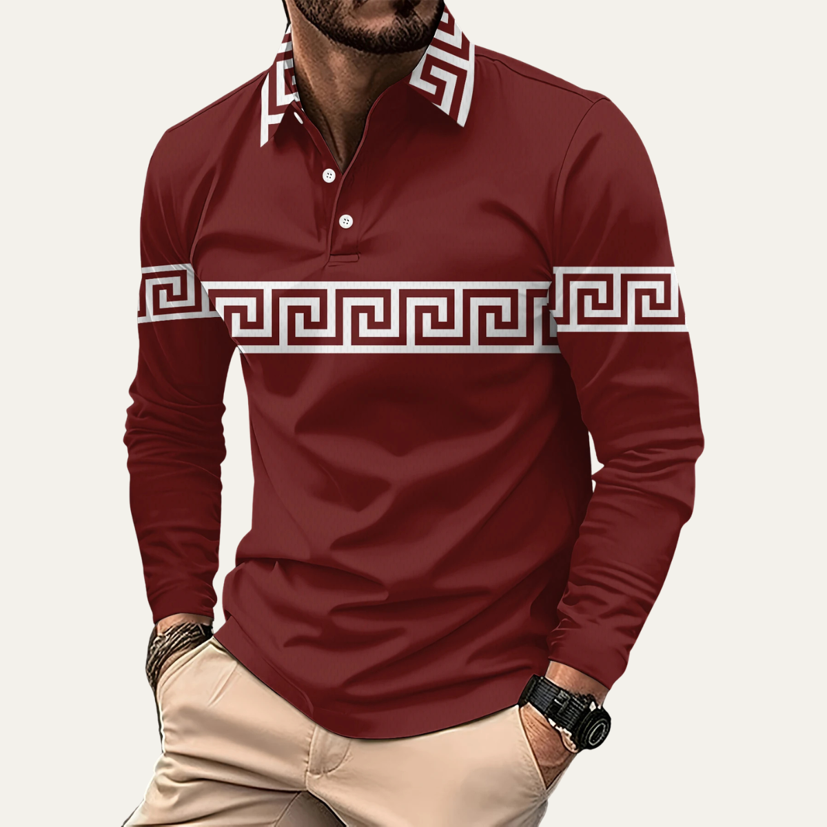 Beau | Men's Casual Polo Shirt Brown Greek Key Print
