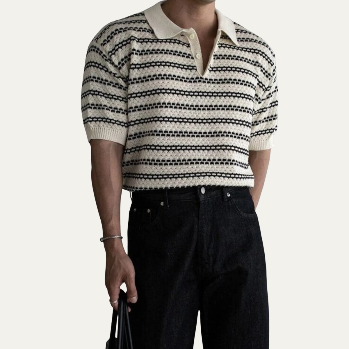 Beau | Men's Striped Knit Polo Cream Black Collared