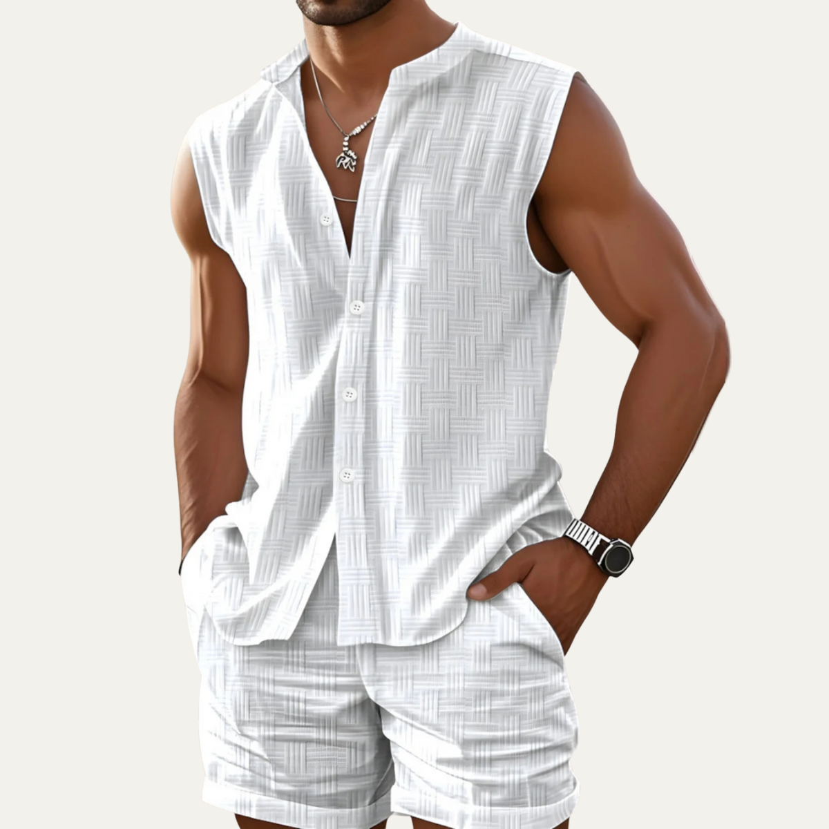 Axel | Men's Casual Sleeveless Button Up Shirt Light Blue Textured