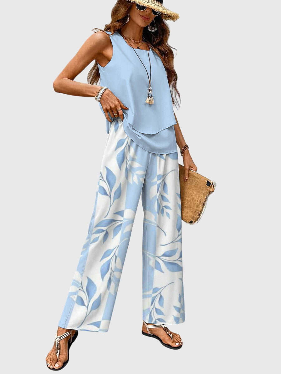 Mia | Women's Two Piece Set Light Blue Floral Palazzo Pants Tank Top