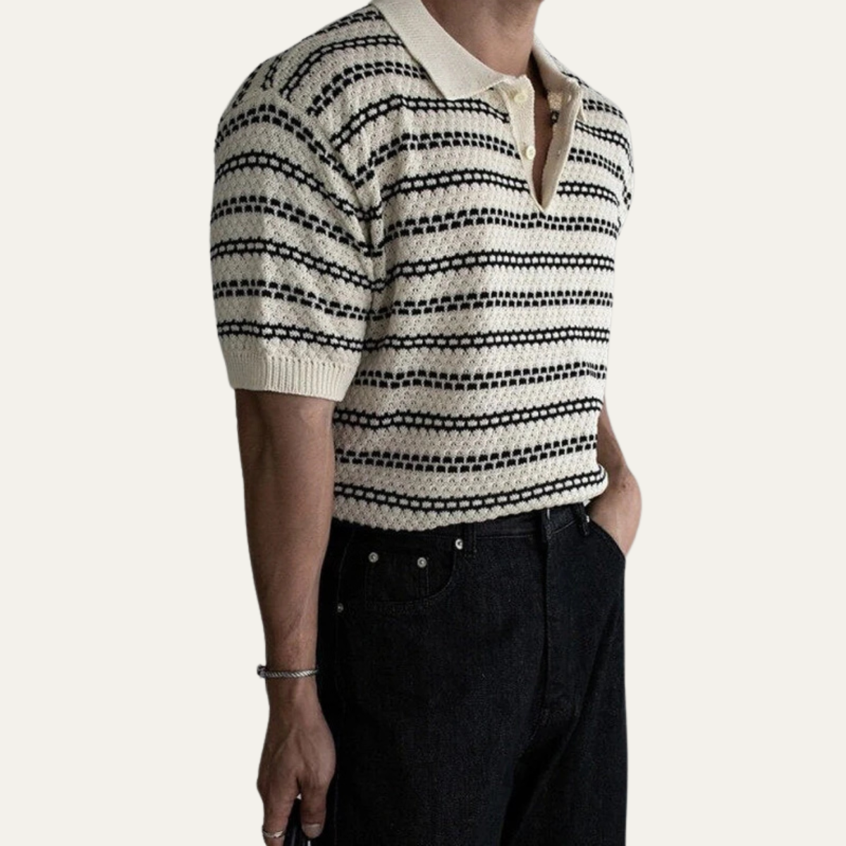 Beau | Men's Striped Knit Polo Cream Black Collared