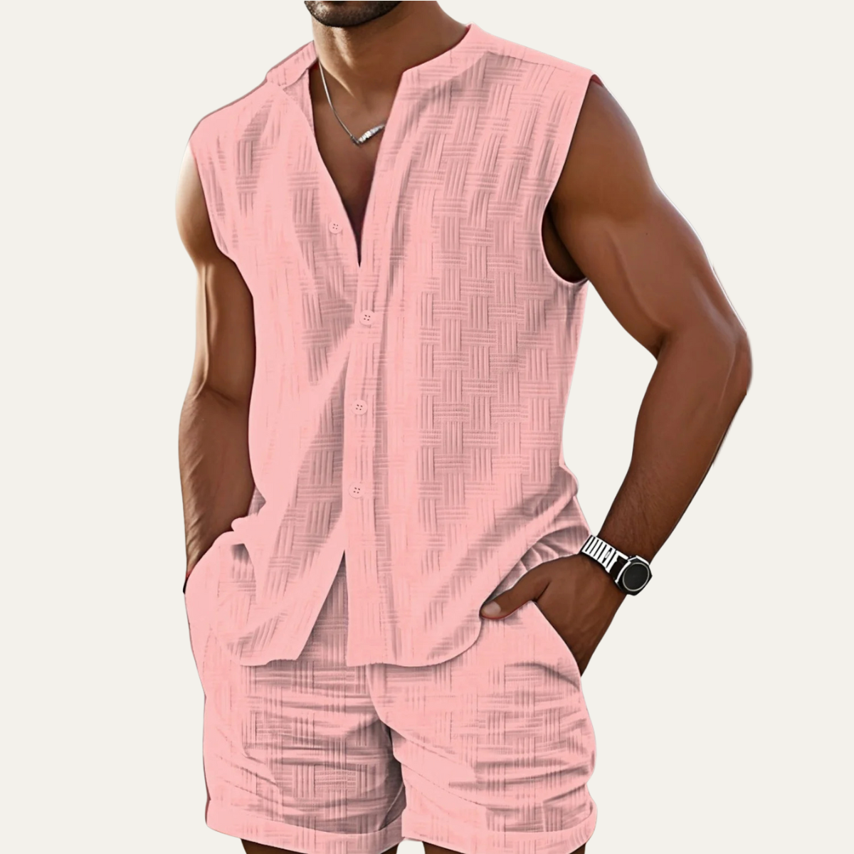 Axel | Men's Casual Sleeveless Button Up Shirt Light Blue Textured