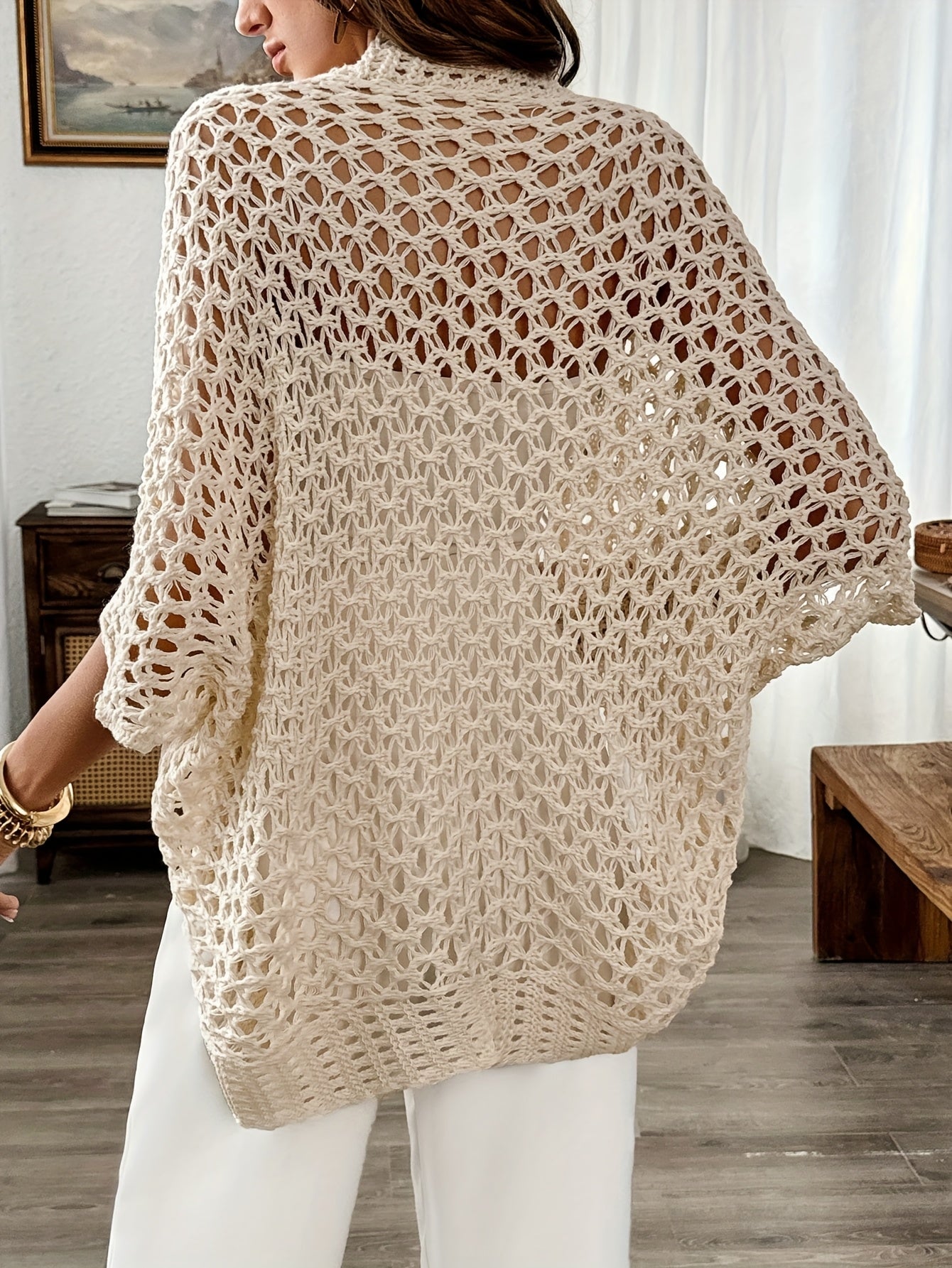 Ivy | Women's Crochet Cardigan Cream Open Front Long Sleeve