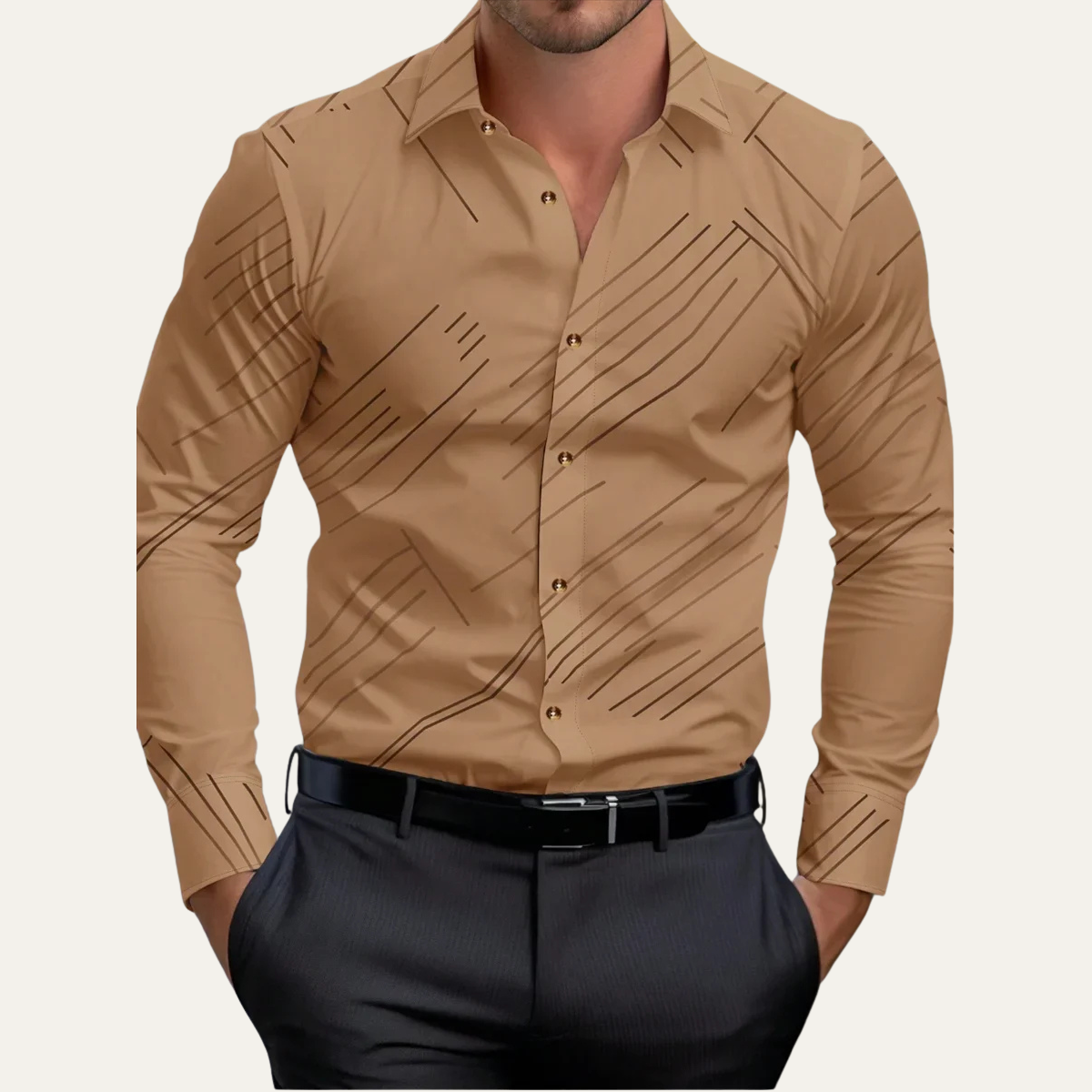 Axel | Men's Geometric Print Button Up Shirt Beige