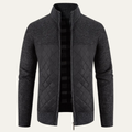 Dama Washington Voss men's quilted cardigan sweater charcoal gray stand collar - front view