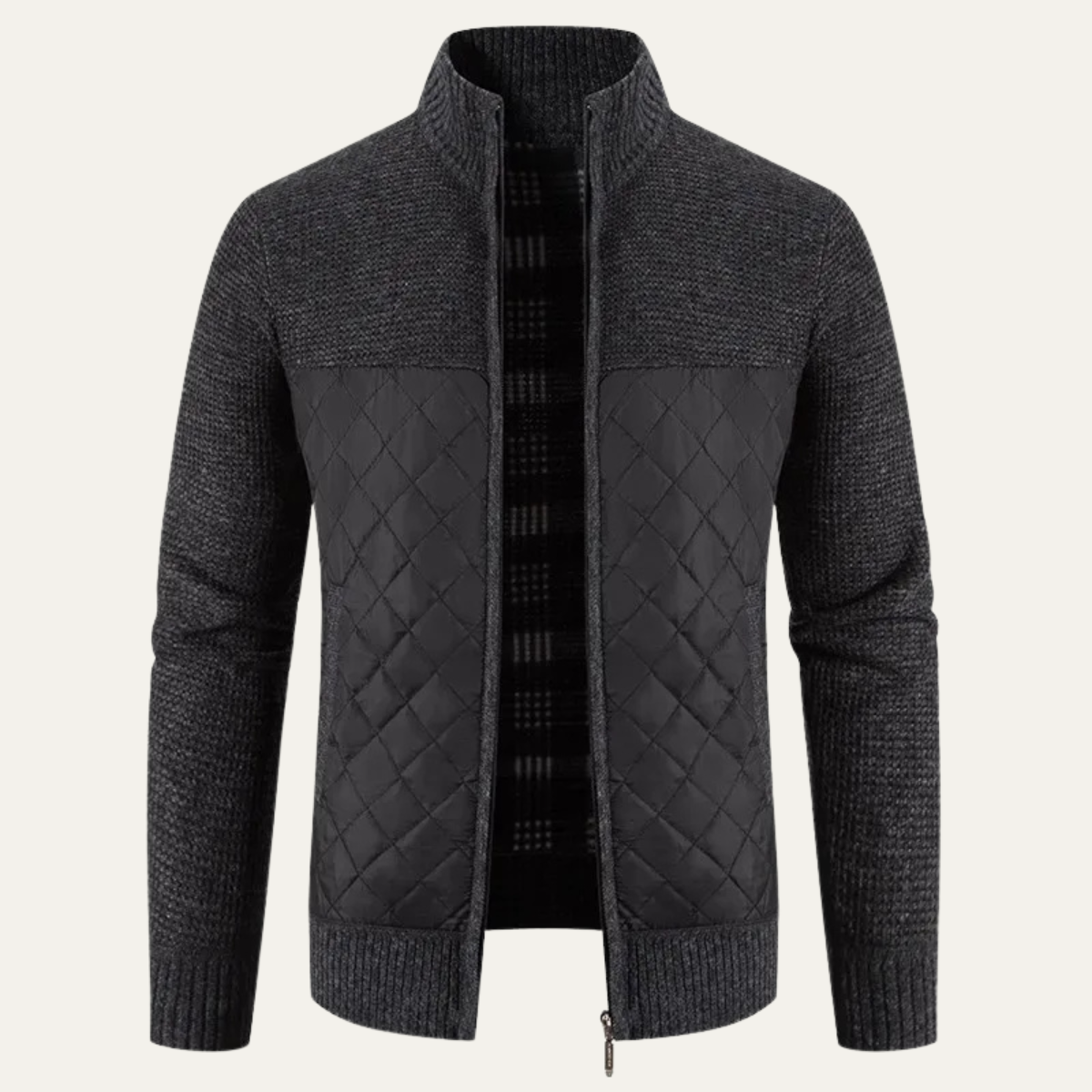 Voss | Men's Quilted Cardigan Sweater Charcoal Gray Stand Collar