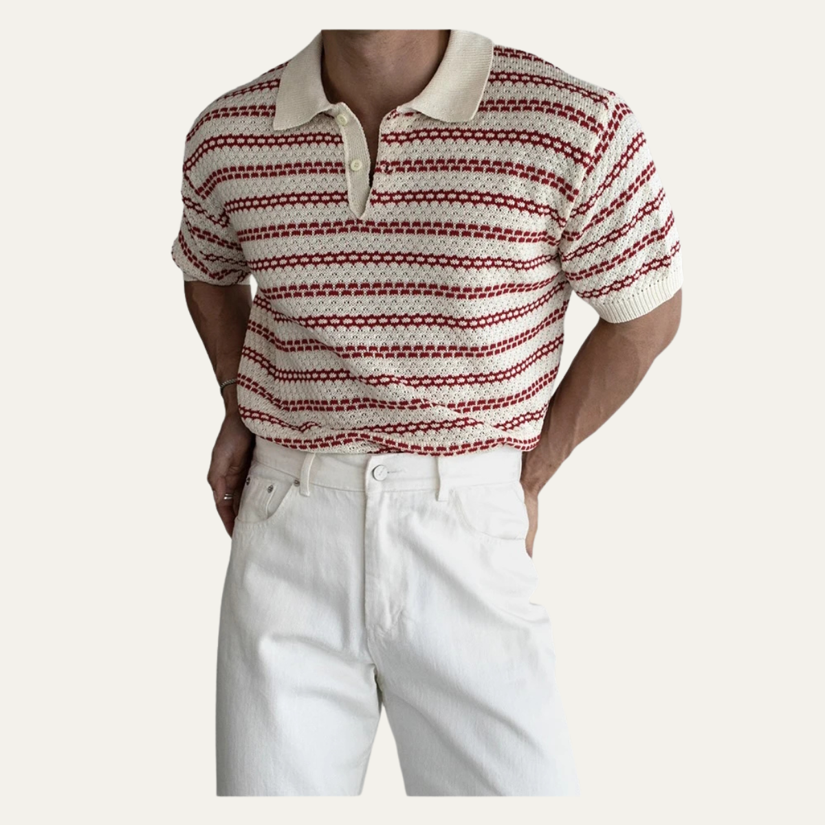 Beau | Men's Striped Knit Polo Cream Black Collared
