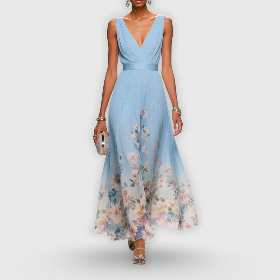 Demi | Women's Floral Maxi Dress Light Blue V Neck