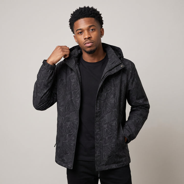 Dama Washington Rhys men's windbreaker rain jacket black leaf print hood - model front view