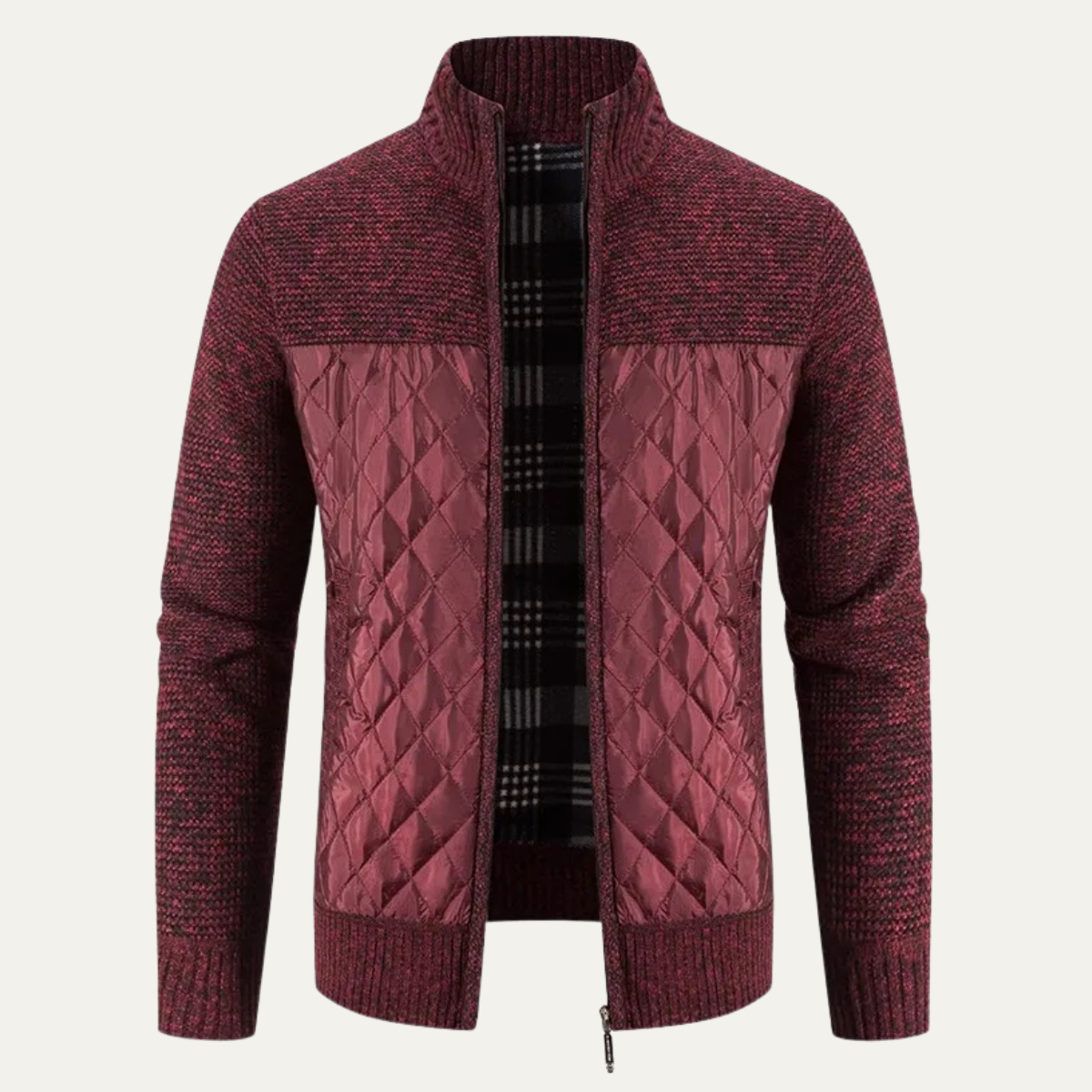 Voss | Men's Quilted Cardigan Sweater Charcoal Gray Stand Collar