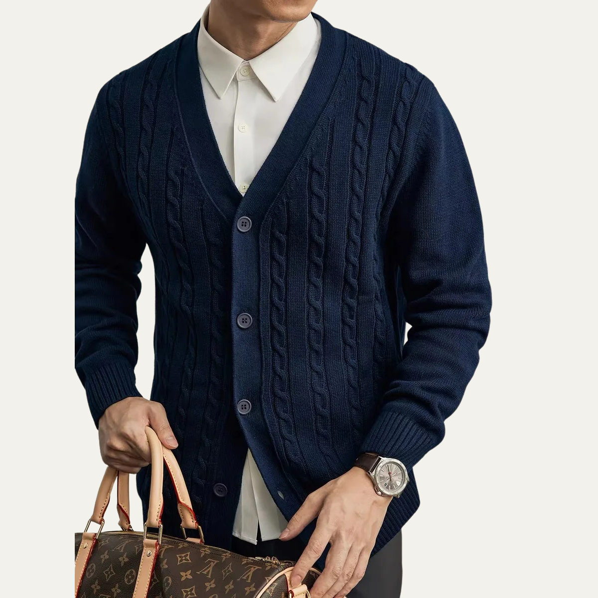 Axel | Men's Cable Knit Cardigan Gray Button Up