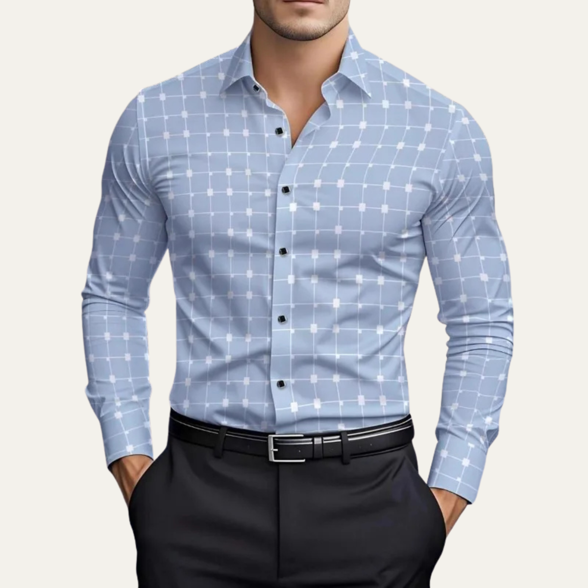 Ezra | Men's Check Print Dress Shirt Navy Blue Long Sleeve