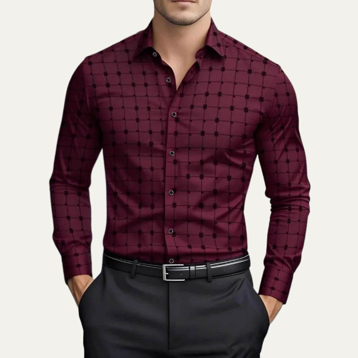 Ezra | Men's Check Print Dress Shirt Navy Blue Long Sleeve