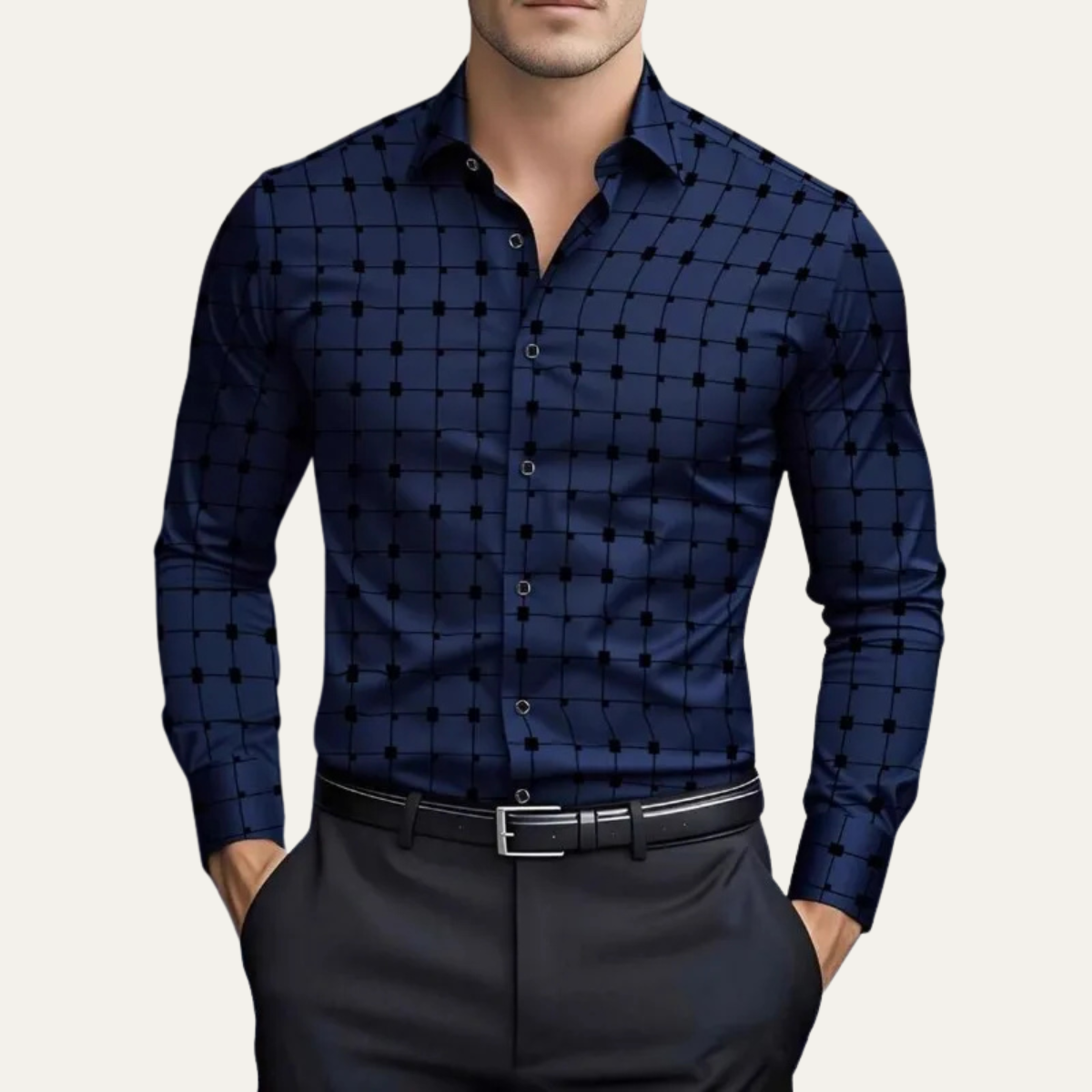 Ezra | Men's Check Print Dress Shirt Navy Blue Long Sleeve