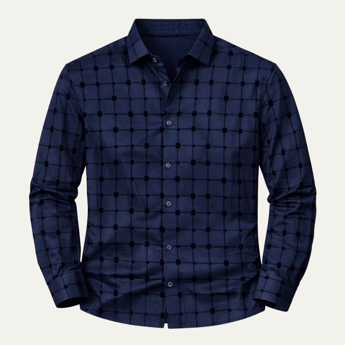 Ezra | Men's Check Print Dress Shirt Navy Blue Long Sleeve