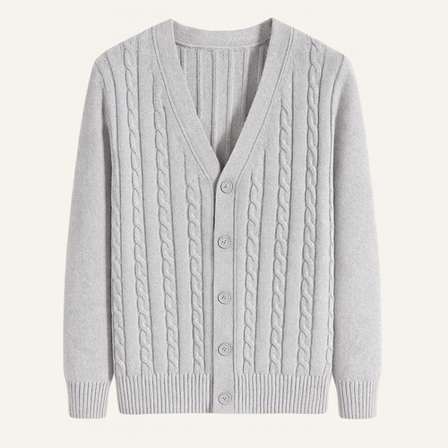 Dama Washington Axel men's cable knit cardigan gray button up - front view