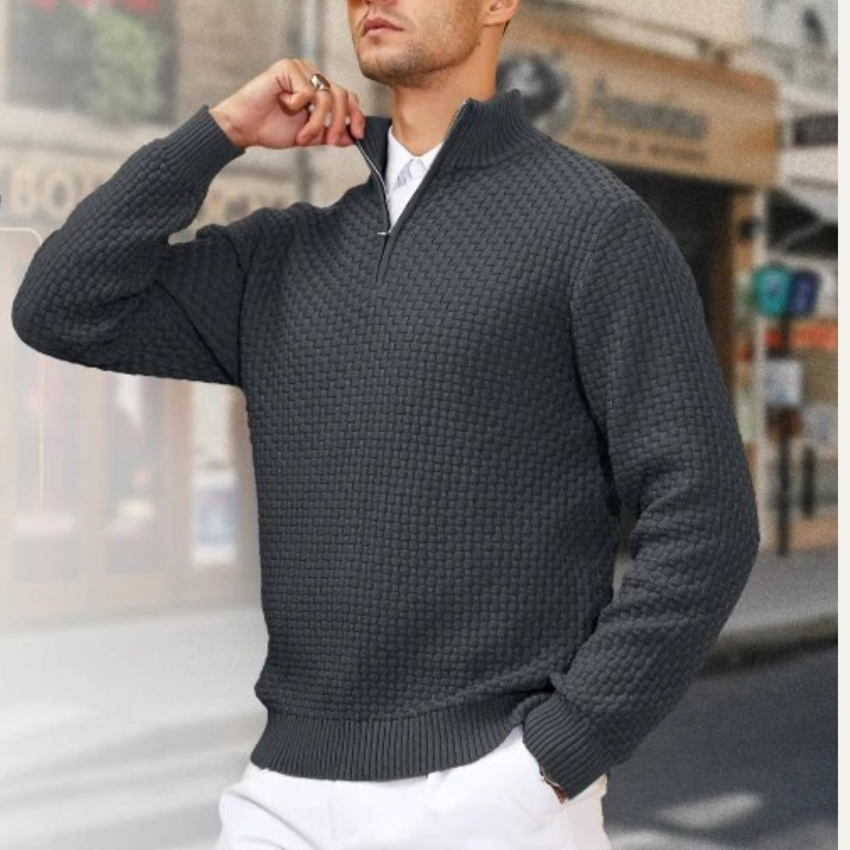 Lexi | Men's Quarter Zip Sweater Charcoal Textured Knit