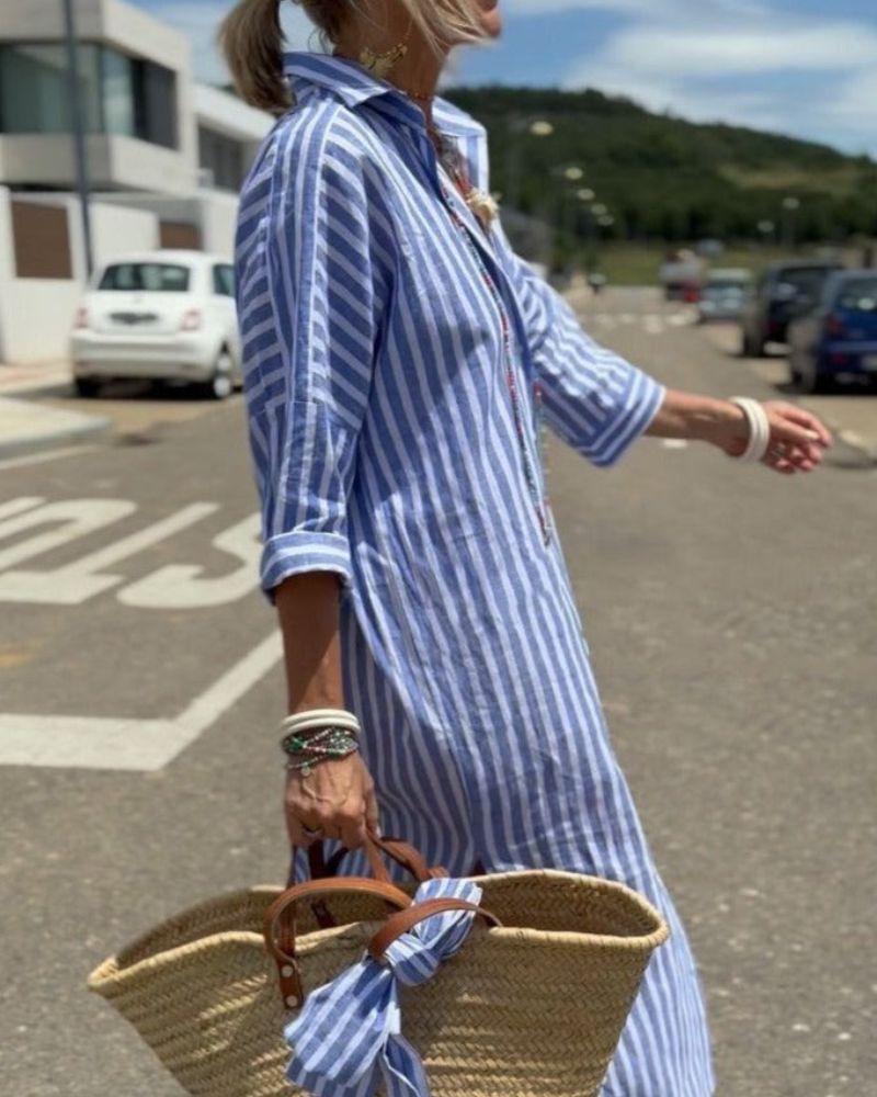 Cora | Women's Striped Shirt Dress Pink Long Sleeve