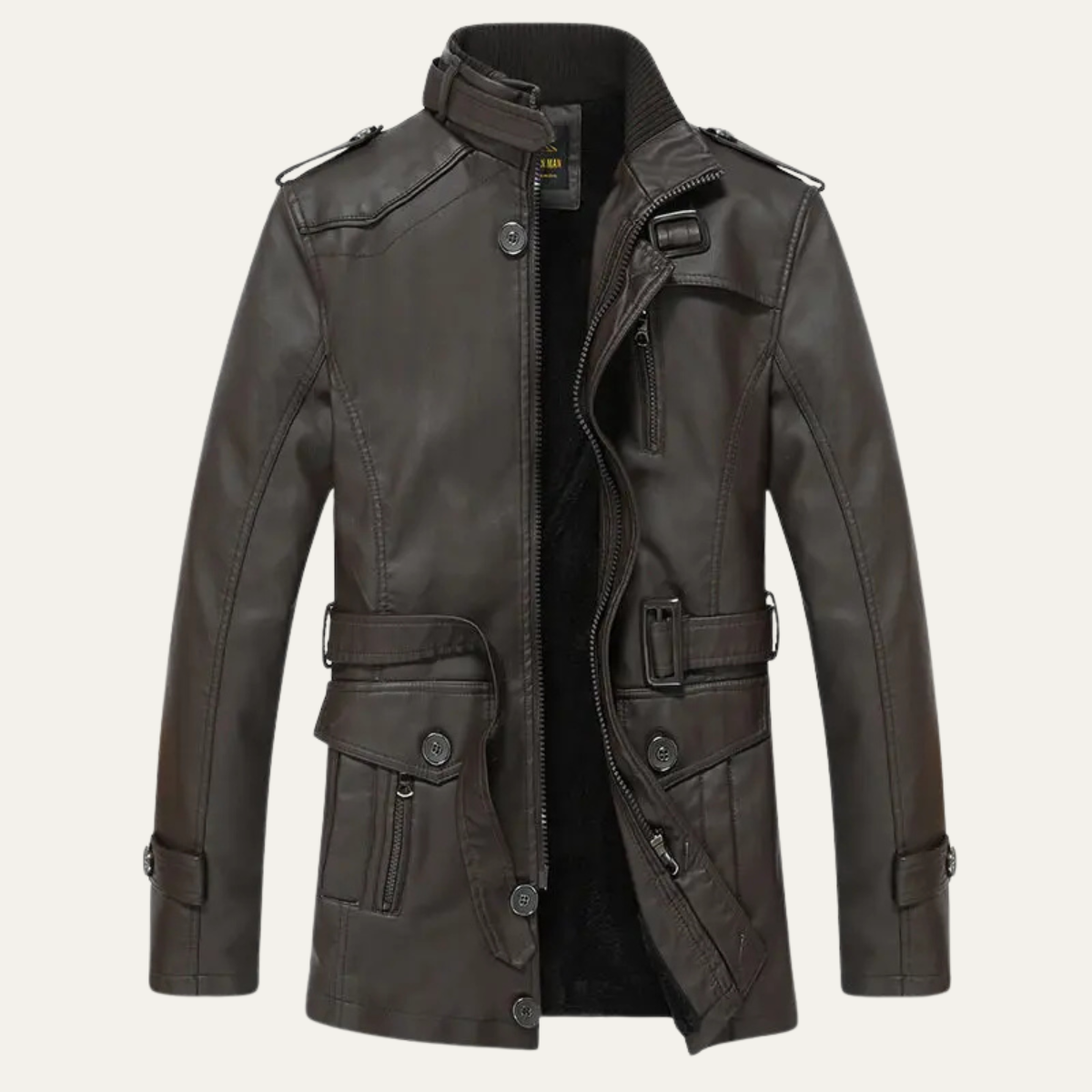 Sage | Men's Leather Jacket Black Military Style Belted