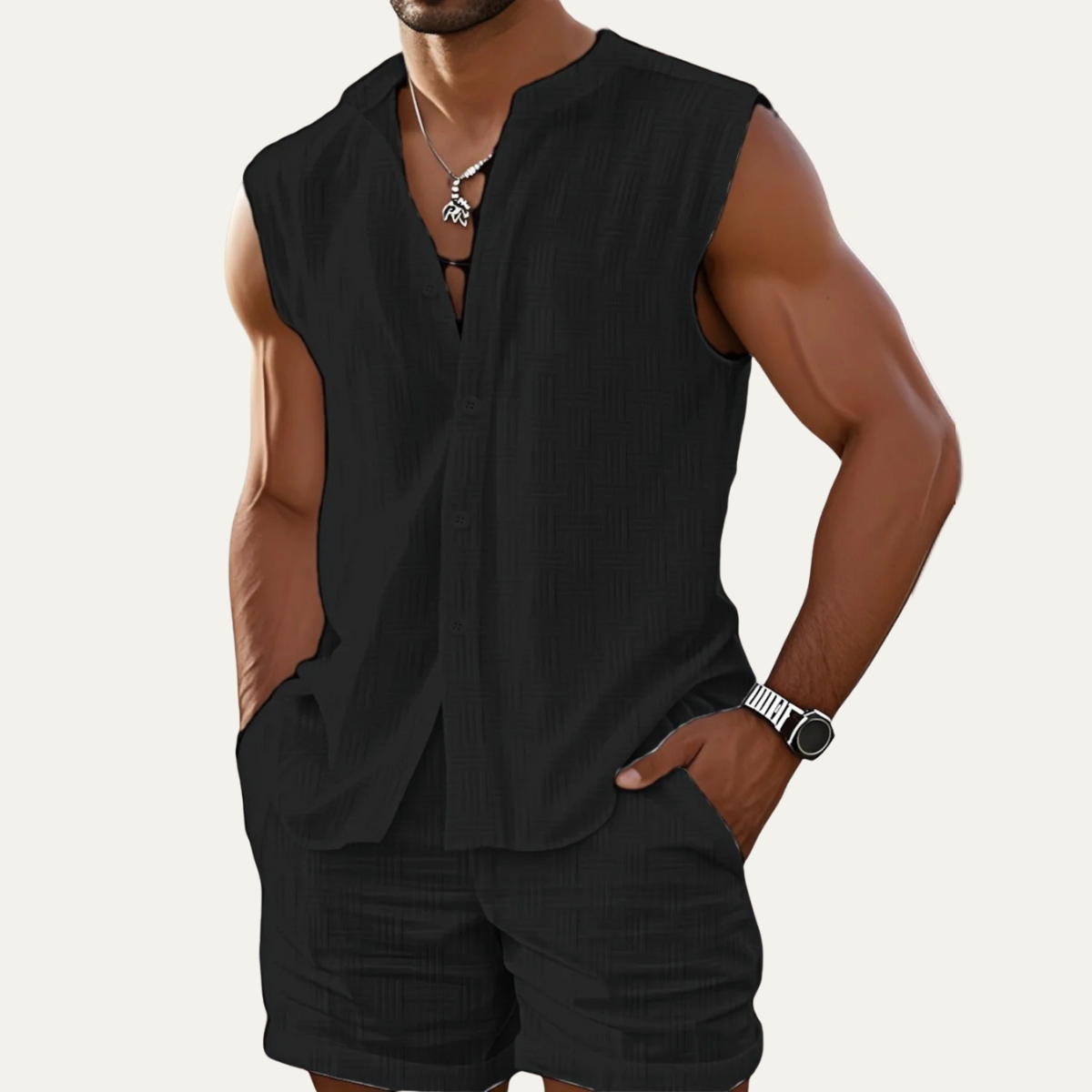 Axel | Men's Casual Sleeveless Button Up Shirt Light Blue Textured