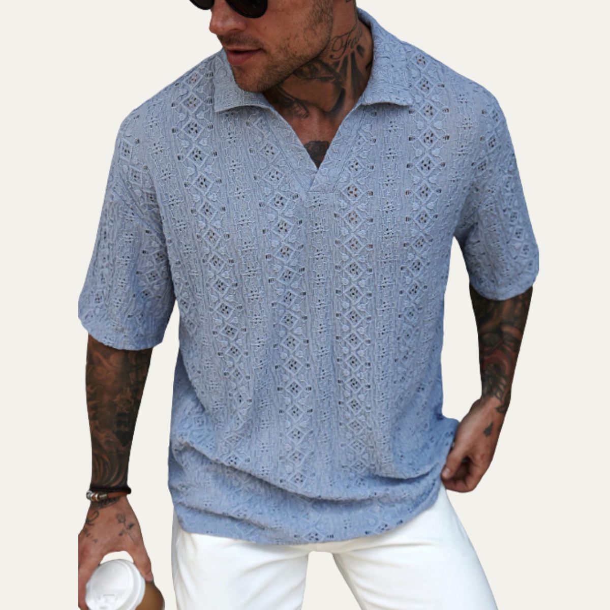 Beau | Men's Crochet Knit Short Sleeve Shirt Light Blue
