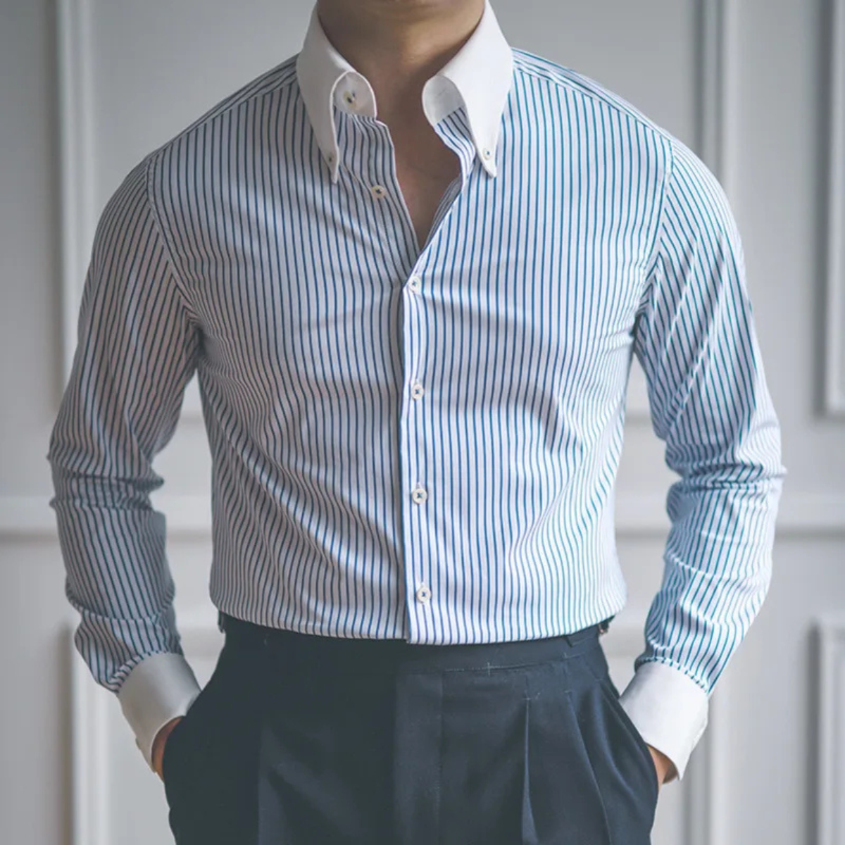 Blake | Men's Dress Shirt Blue Stripe White Collar Long Sleeve