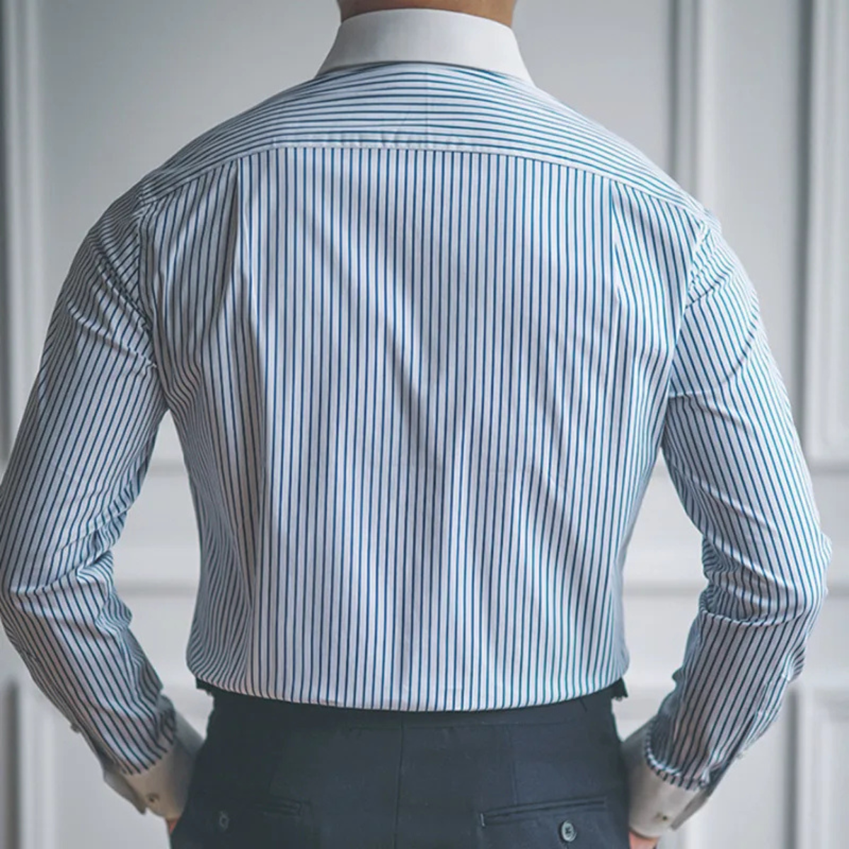 Blake | Men's Dress Shirt Blue Stripe White Collar Long Sleeve