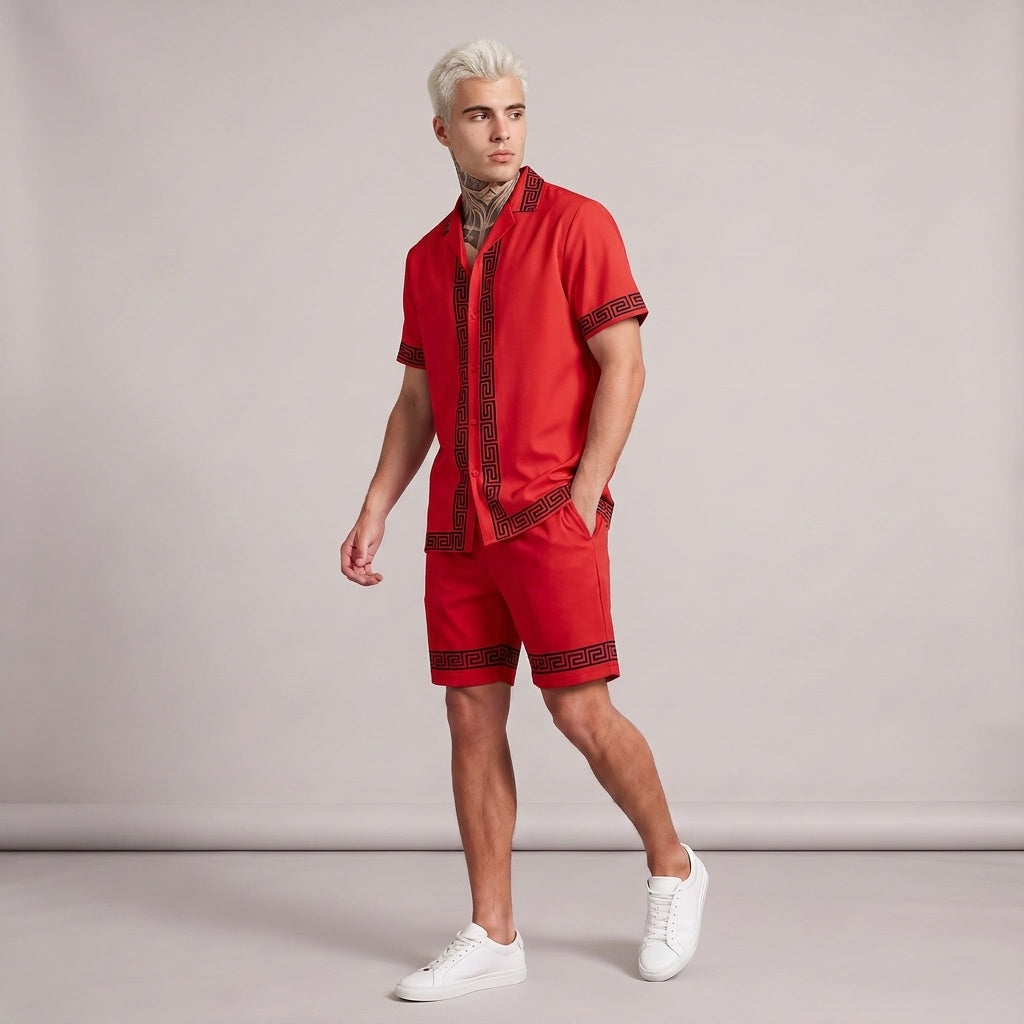Dama Washington Axel Greek key short sleeve set Red - full outfit model view