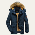 Dama Washington Axel men's puffer jacket navy fleece lined faux fur hood - front view