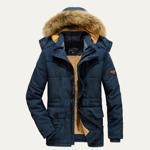 Dama Washington Axel men's puffer jacket navy fleece lined faux fur hood - front view