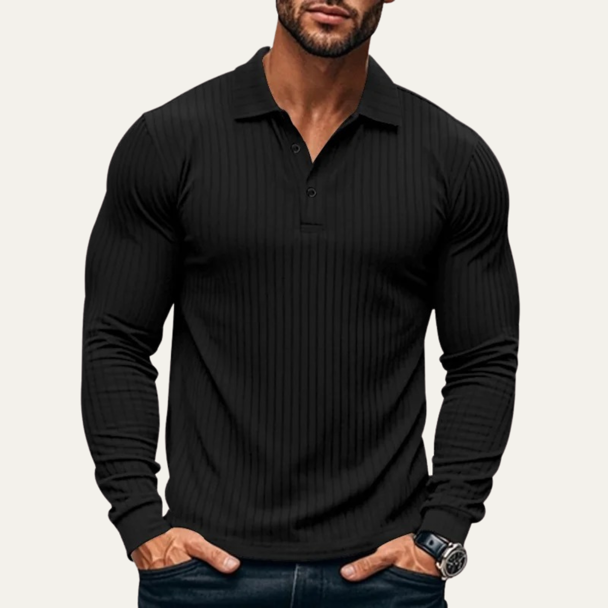 Soren | Men's Ribbed Polo Shirt Black Long Sleeve