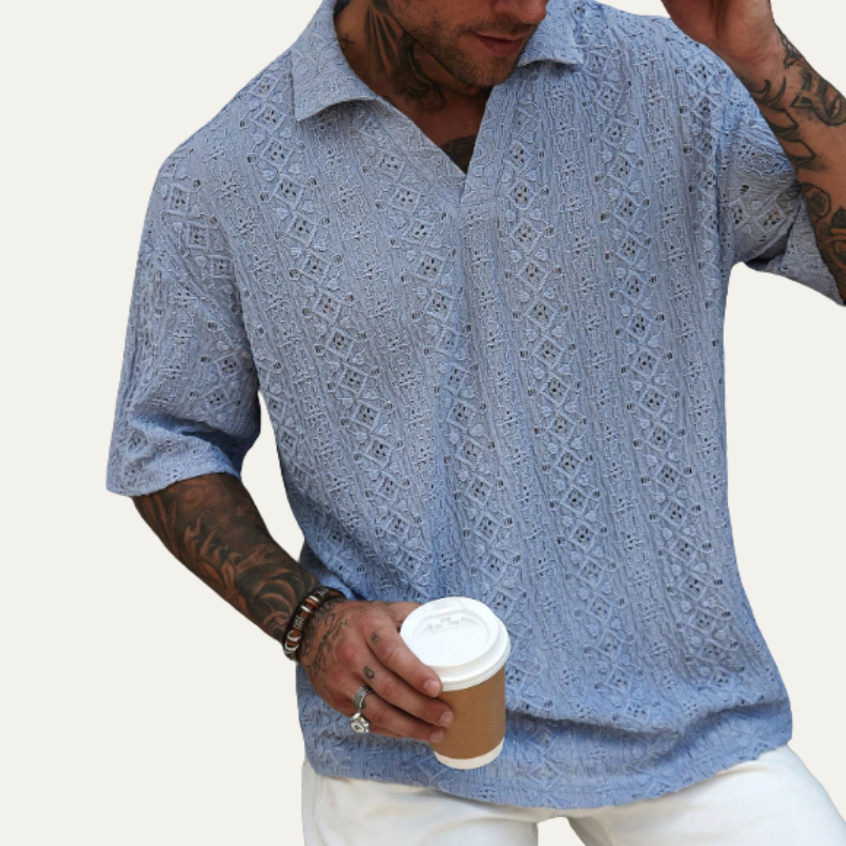 Beau | Men's Crochet Knit Short Sleeve Shirt Light Blue