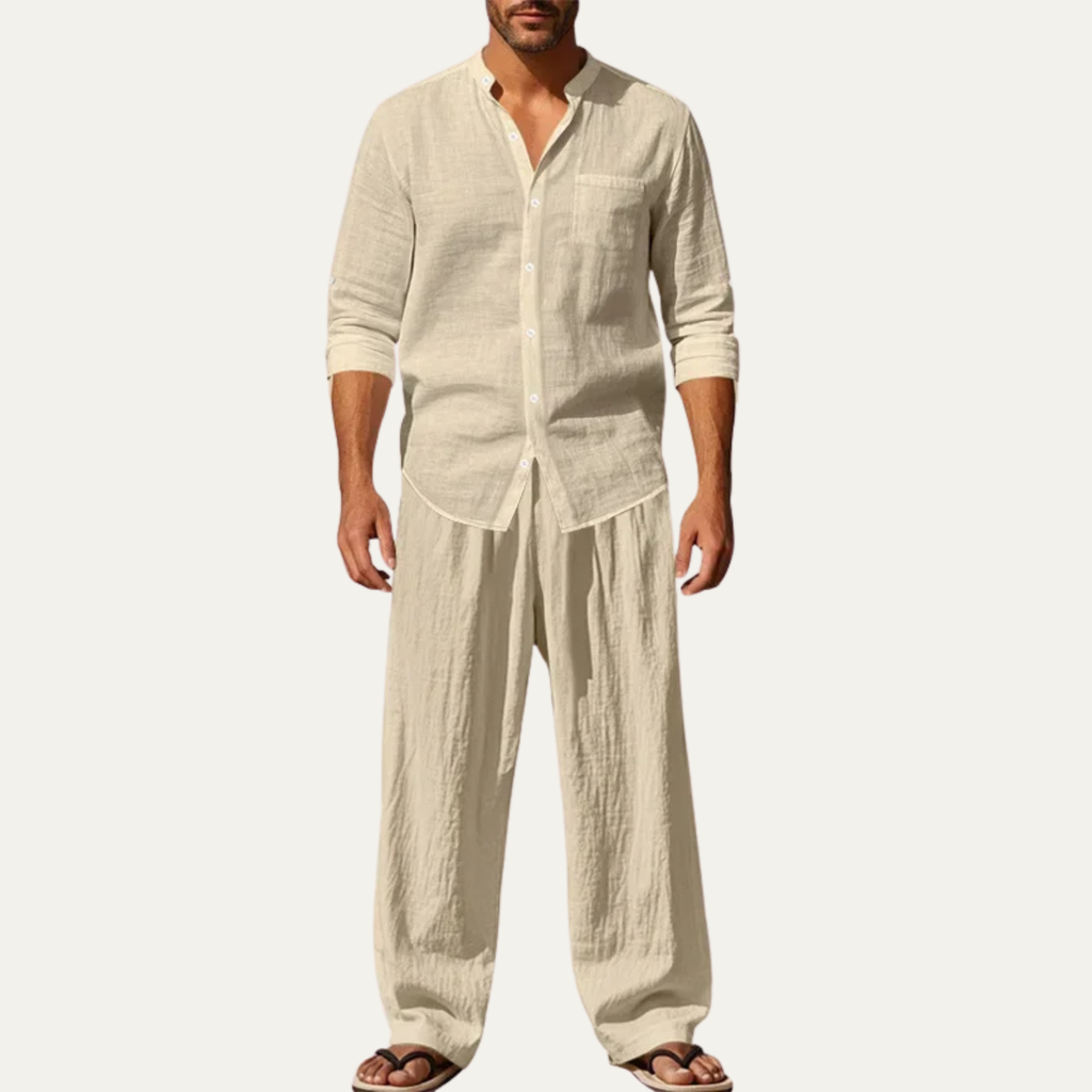 Dama Washington Sage men's linen lounge set cream button up shirt wide leg pants - front view
