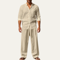 Dama Washington Sage men's linen lounge set cream button up shirt wide leg pants - front view