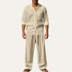 Dama Washington Sage men's linen lounge set cream button up shirt wide leg pants - front view