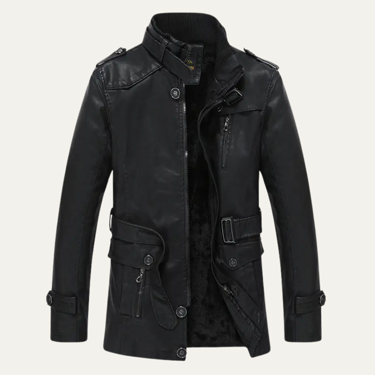 Sage | Men's Leather Jacket Black Military Style Belted