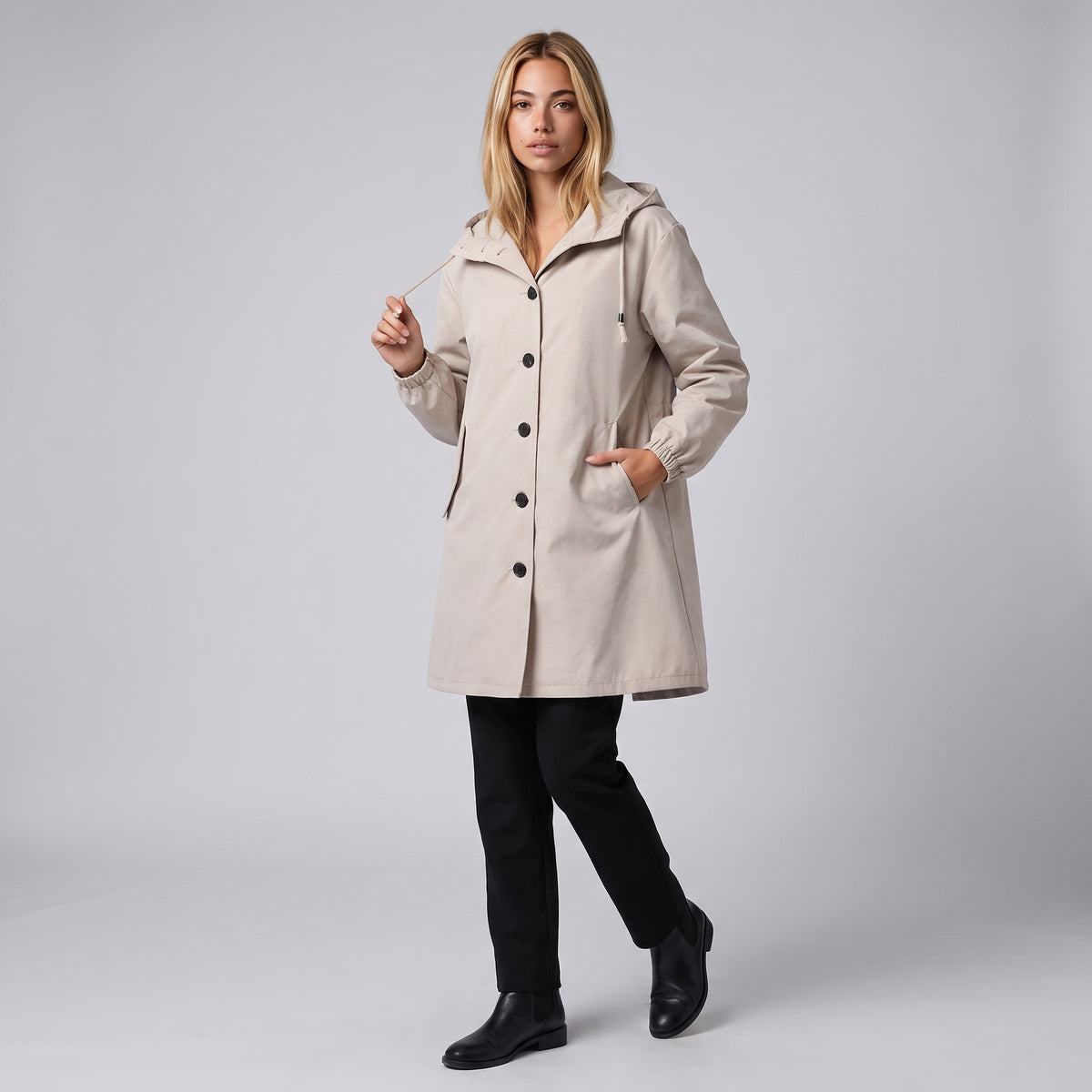 Dama Washington Colombe women's hooded a-line coat - model front view