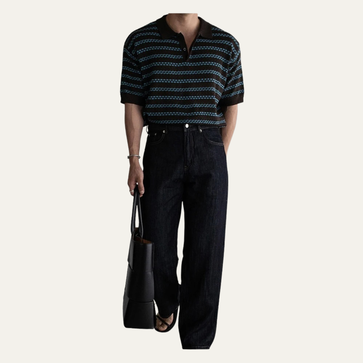 Beau | Men's Striped Knit Polo Cream Black Collared