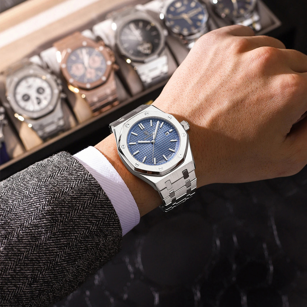 Ezra | Men's Stainless Steel Watch Blue Dial Date Display